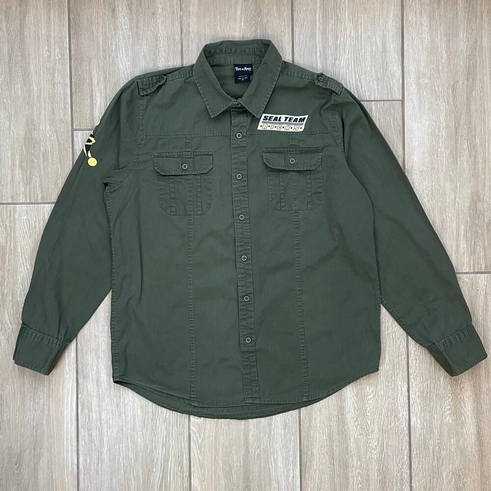 Rick and Morty Seal Team Ricks Button Up Shirt Mens M Green Adult Swim Cartoon